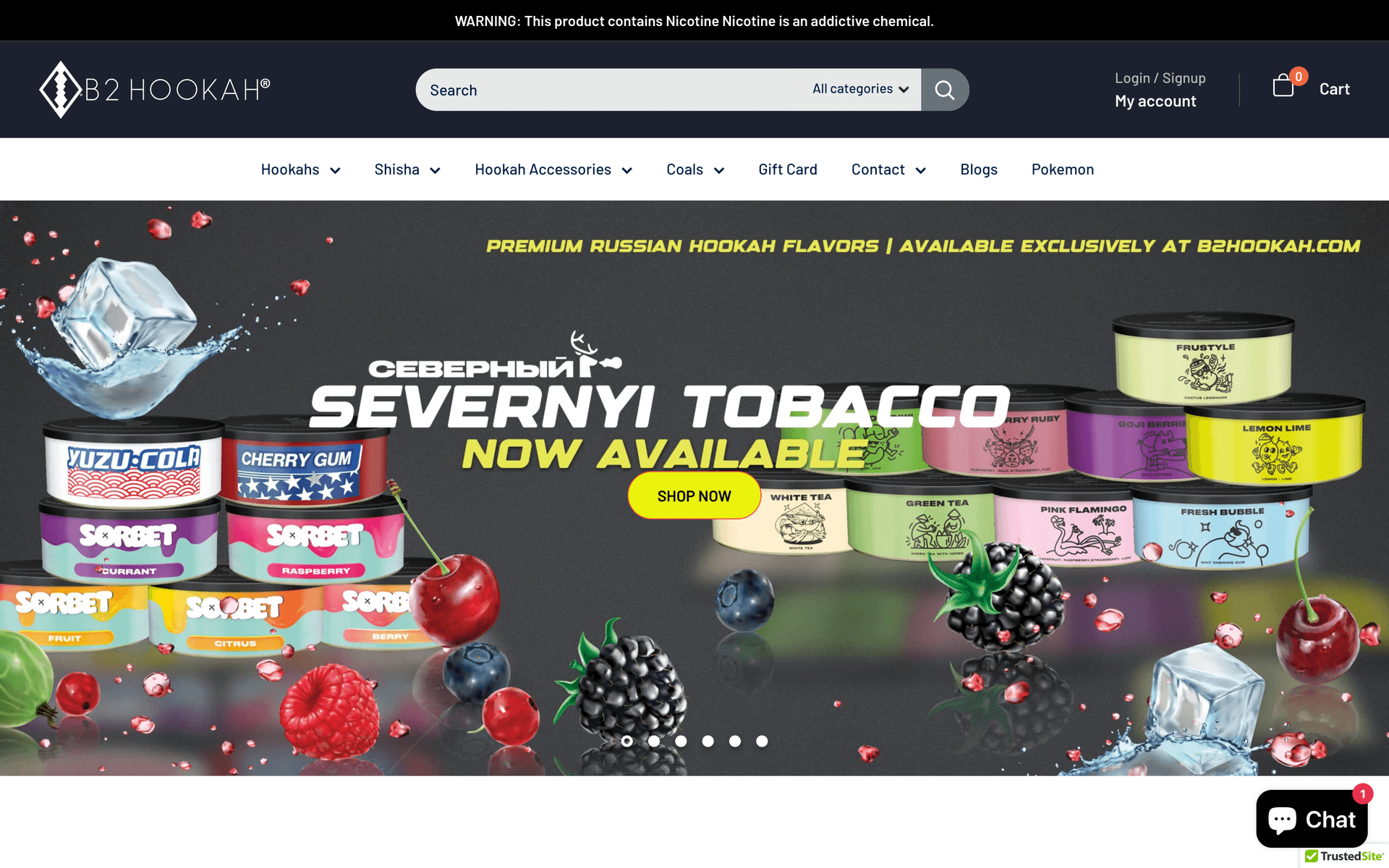 B2 Hookah homepage with the Severnyi Tobacco campaign hero, premium Russian flavor wall, primary navigation across Hookahs, Shisha, Accessories, Coals, Gift Card, Contact, and Blog, and the persistent FDA nicotine warning bar at the top of the page